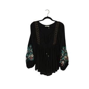 Floreat Anthropologie Embroidered Peasant Top Medium Black Bohemian Whimsigoth